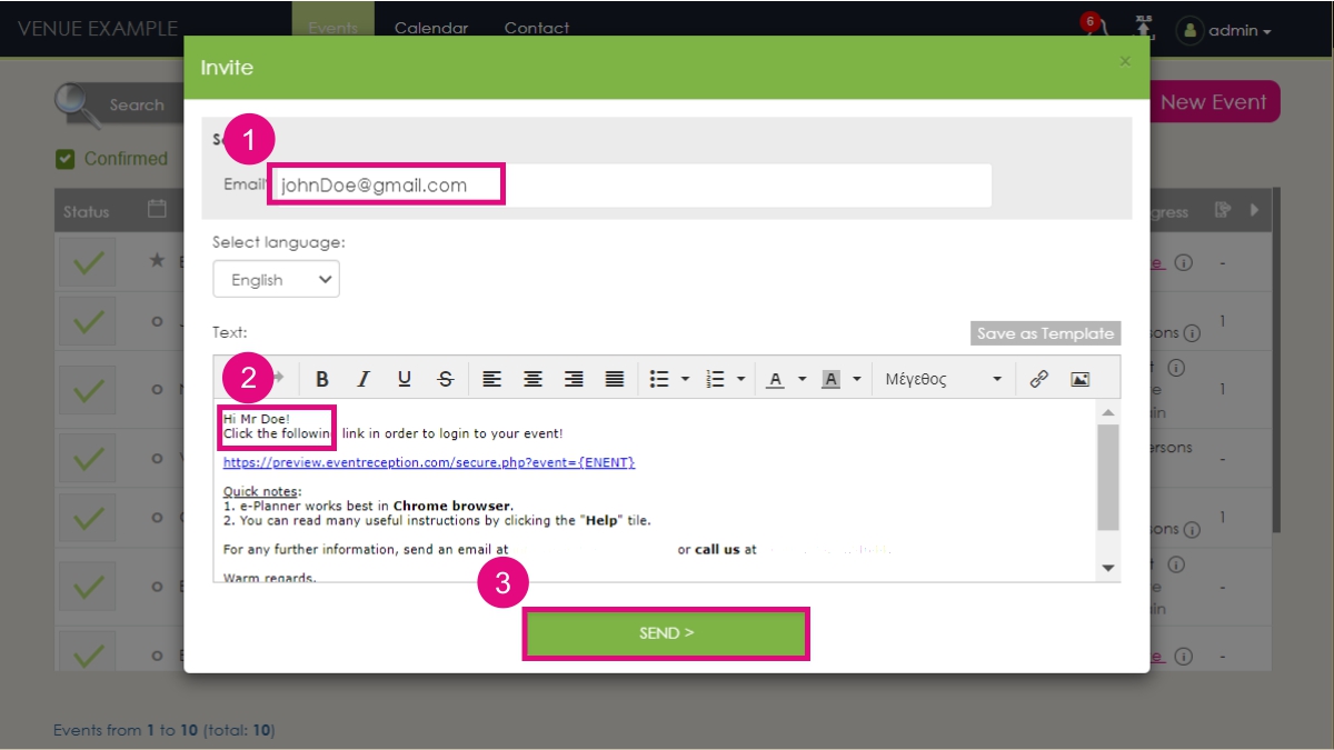 Send client invitation window |EventReception Online Event Software