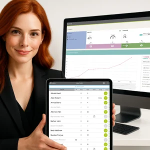 Professional event planner holding a tablet with a guest-list check-in app, standing in front of a desktop monitor showing event statistics and charts