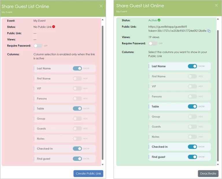 Online guest list sharing screen