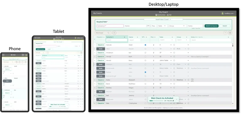 Web check-ins from phone, tablet, and desktop