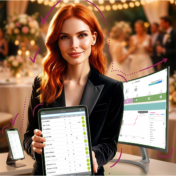 e-GuestList v3 web check-ins shown on phone, tablet, and desktop at an event reception.